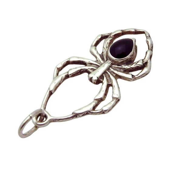Vintage Sterling Silver Creepy Spider Black Onyx Pendant Halloween Charm 1960s - Picture 5 of 5